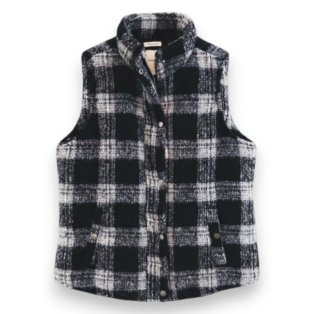 Thread & Supply Vest Womens Large Black White Plaid Sherpa Fleece Zip Cabincore